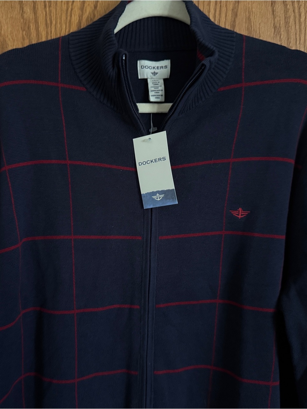 Dockers Full Zip Navy Blue Sweater Milano Windowpane Mock Neck Men's Size Large - Picture 2 of 10